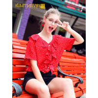 女款本命年小衫洋气复古红色波点雪纺衫女短袖衬衫2019夏装上衣潮