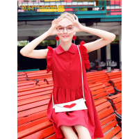 娃娃领红色连衣裙女夏2019新款学生文艺宽松衬衫裙法国复古裙山本