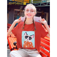 砖红色上衣女2019夏装新款潮牌猫咪短袖T恤衫宽松学院风半袖体恤