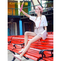 2019夏季新款短袖T恤格子显瘦阔腿吊带背带短裤套装俏皮两件套女