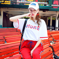 2019夏装新款红休闲运动裤套装女潮ins九分哈伦裤短袖T恤两件套