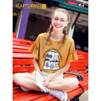 2019小清新夏装甜美短袖上衣女木耳边娃娃领姜色雪纺衫洋气小衫