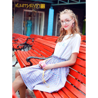 法式少女桔梗初恋裙夏新款韩版学生连衣裙格子假两件吊带裙女短袖