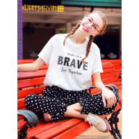 2019夏装新款小清新短袖T恤上衣复古波点灯笼裤套装女红两件套