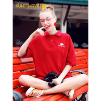 软妹复古polo衫女夏宽松红色本命年小衫短袖T恤全棉上衣2019夏装