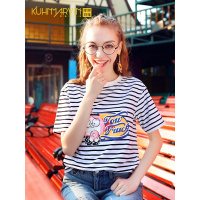 2019夏装新款百搭黑白条纹短袖T恤女海军风宽松情侣装ins针织上衣