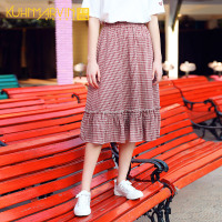 奶茶格子半身裙女2019夏装新款韩版复古宽松百搭时尚荷叶边中长款