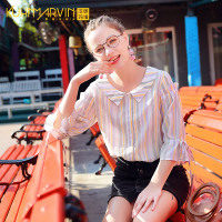 2019夏装新款条纹娃娃领衬衣女设计感喇叭袖vetiver衬衫洋气上衣
