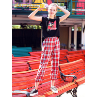 2019夏装新款无袖背心T恤女复古休闲九分英伦格子哈伦裤两件套装