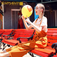 坠感阔腿裤两件套女2019新款姜色直筒背带裤休闲短袖学生套装夏