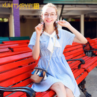 2019夏季新款韩版甜美小清新学生格子裙子收腰A字裙短袖连衣裙女