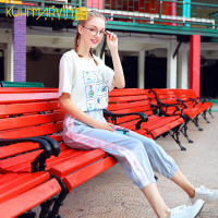 夏薄款侧条纹束脚运动裤女ins宽松哈伦裤bf风红九分裤2019新款