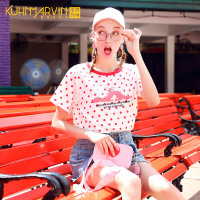 2019夏季新款宽松波点小清新上衣女白色少女恐龙T恤女短袖小众潮