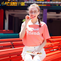 红撞色翻领T恤女2019夏季字母韩版短袖上衣百搭新款宽松Polo衫