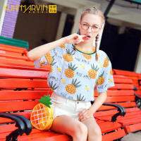 2019年夏季新款韩版菠萝字母印花短袖学生上衣洋气宽松水果T恤女
