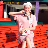 波点领结粉色连衣裙女2019新款学生韩版显瘦荷叶边小清新短袖裙子