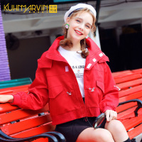 韩版ins初秋短款外套女宽松韩版2019新款长袖连帽薄款工装上衣潮