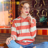 慵懒风韩版连帽毛衣2019秋季新款条纹宽松外穿长袖针织衫套头上衣