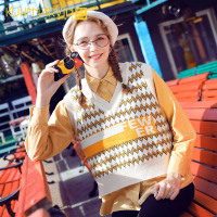 学院风V领宽松外搭针织背心女上衣2019秋季新款马甲韩版毛衣外套