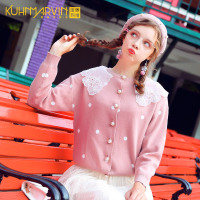 很仙的毛衣慵懒风蕾丝娃娃领开衫女2019秋季新款短款针织衫上衣