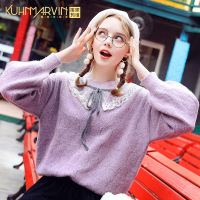 慵懒风毛衣女宽松外穿2019秋季新款紫色针织衫蕾丝娃娃领长袖上衣