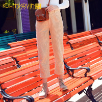 米色裤子2019春秋新款高腰显瘦灯芯绒休闲裤女复古宽松直筒哈伦裤