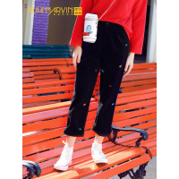 2019秋季新款宽松高腰复古灯芯绒裤子女黑色直筒裤坠感休闲裤长裤