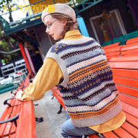 2019春秋季新款宽松针织衫上衣女学院风V领无袖套头毛衣马甲背心