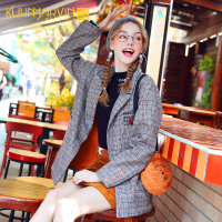 2019秋冬新款呢子大衣女英伦风格子修身中长款小个子毛呢西装外套