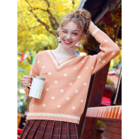 粉色V领假两件高领毛衣女秋2019新款长袖针织衫宽松上衣