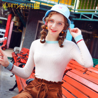 撞色修身内搭针织衫女2019秋季新款白色长袖打底衫紧身上衣毛衣潮