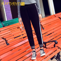 2019秋季新款运动裤女ins高腰小个子腿粗条纹束腿裤子黑色休闲裤