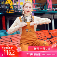 橘色刺绣减龄背带裤女2019秋季新款学生宽松直筒裤休闲裤连体裤子