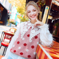 韩版粉色针织背心女2019秋季新款宽松马甲上衣外穿无袖毛衣小清新