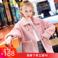 粉色羊羔毛小个子外套2019冬季新款机车服宽松棉衣棉服女