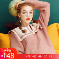 2019秋季新款粉色甜美娃娃领外穿法式慵懒风毛衣女宽松上衣针织衫
