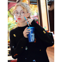 宽松毛线衣女慵懒风2019秋冬外穿套头针织衫黑色网红毛衣ins上衣