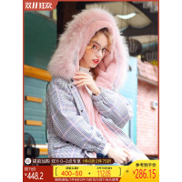 小个子中长款千鸟格棉服女ins港风2019冬季新款毛绒外套收腰棉衣