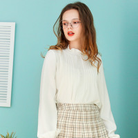 白色长袖珍珠立领衬衫女2020春季新款设计感小众木耳边雪纺衫上衣