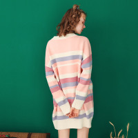 2019秋冬新款中长款粉色条纹连衣裙女针织裙子配大衣的内搭毛衣裙