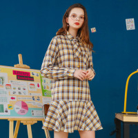 智熏裙法式高腰a字裙女2020春装新款森系格子衬衫裙荷叶边连衣裙