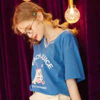 小清新日系V领短袖T恤女2020年夏季水蜜桃半袖少女上衣ins潮中袖