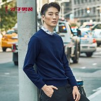 才子男装秋季新款纯色圆领毛线衫韩版针织衫套头休闲百搭打底衫男 180/96A 黑色