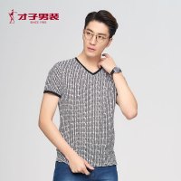 才子短袖T恤男夏季新款青年休闲几何印花体恤衫男韩版修身V领短t