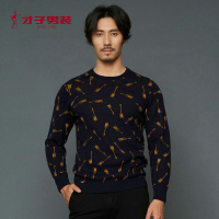 才子男装（TRiES）羊毛衫男商场同款男装2018秋季羊毛圆领潮流印花修身商务休闲羊毛衫