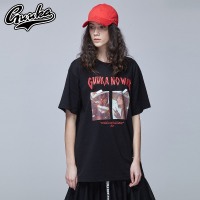 Guuka潮牌黑色圆领中长款T恤女2018新款短袖纯棉印花夏季上衣短袖