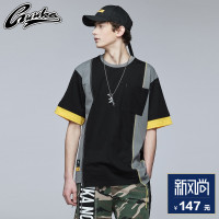 Guuka潮牌撞色拼接短袖T恤男 学生街舞嘻哈宽松五分袖体恤衫圆领