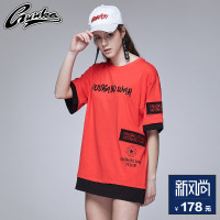 Guuka潮牌红色短袖T恤女2018新款情侣假两件宽松大T恤女bf风圆领