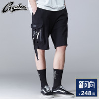 Guuka潮牌黑色五分裤男 日系街头滑板运动针织运动潮流短裤男夏天