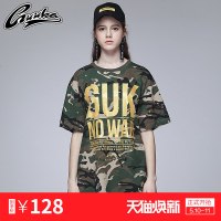 Guuka潮牌迷彩短袖T恤女夏2018新款BF港风印花情侣纯棉圆领T宽松